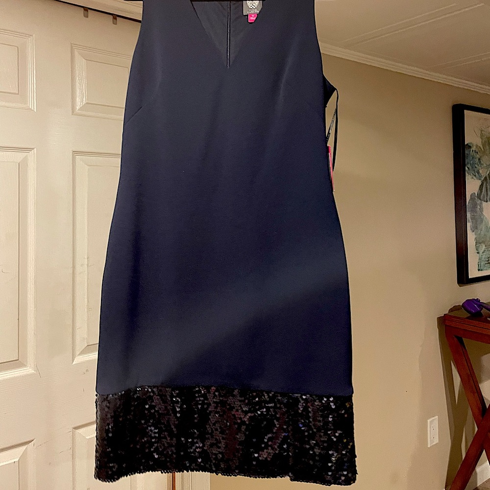 Vince Camuto navy dress with sequence on bottom!